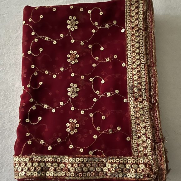 Bollywood Sheer Maroon Embroidered Sequin Scarf 34” X 76” From India - Picture 7 of 10